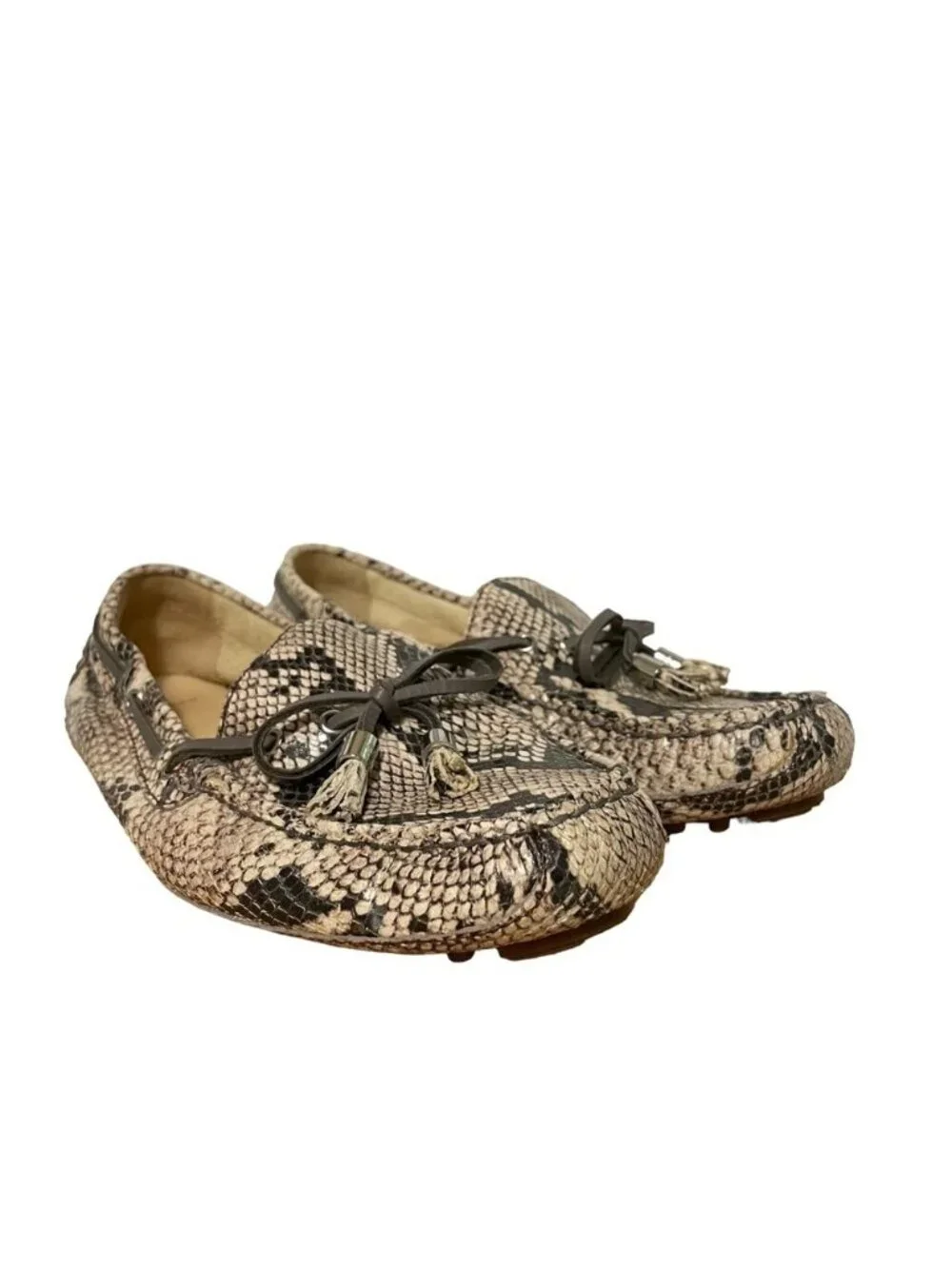 Cole Haan Garnet Snakeprint Loafers Brown Black Leather Mocs Tassel Size 7.5